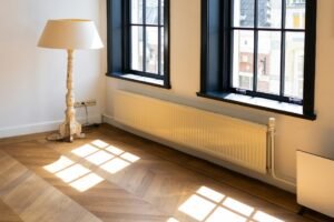 Nahaufnahme eines Thermostatkopfs an einem weißen Heizkörper